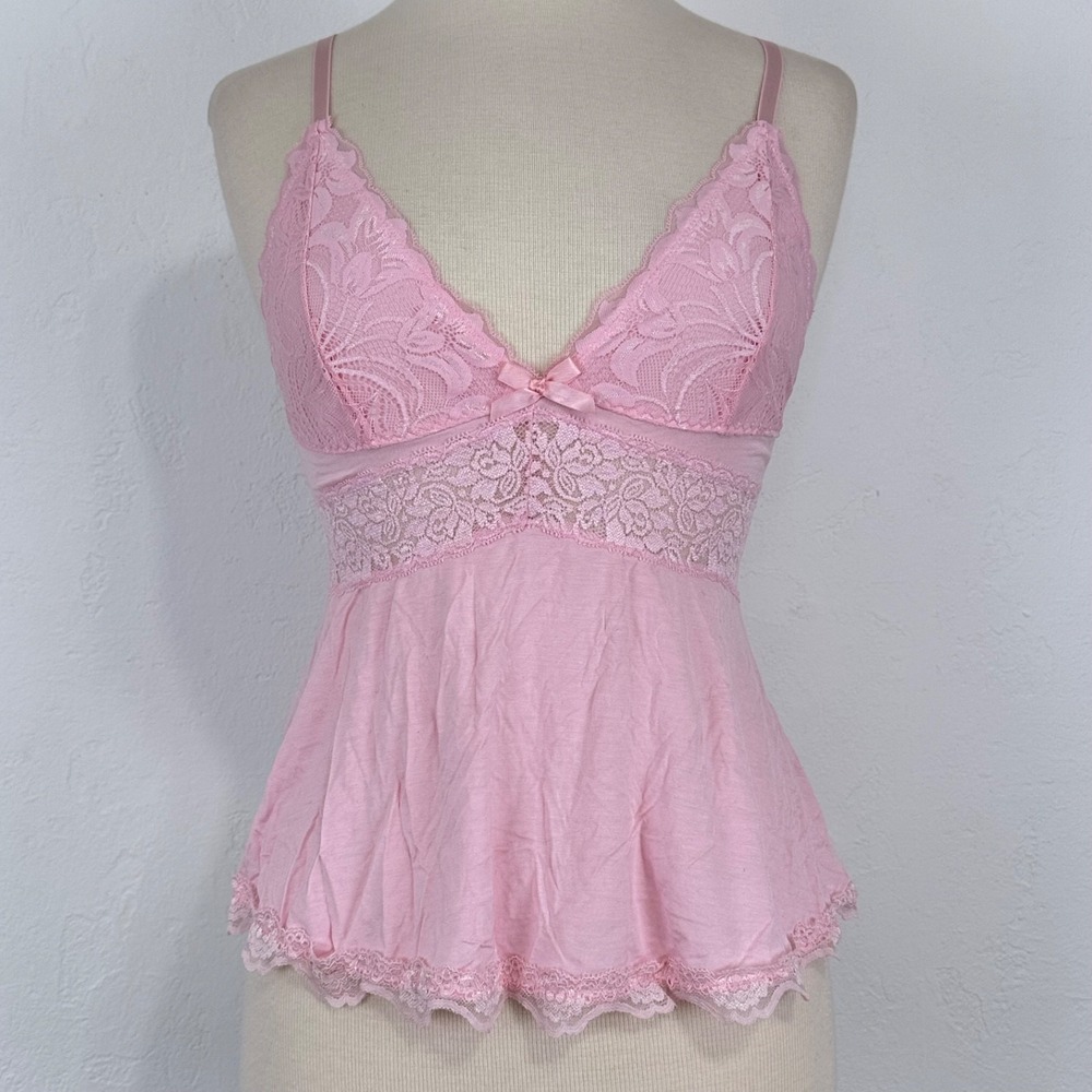 Womens Y2K Fairy Babydoll Coquette Cami Sz Small Lace Trim Bows Pink Ballet